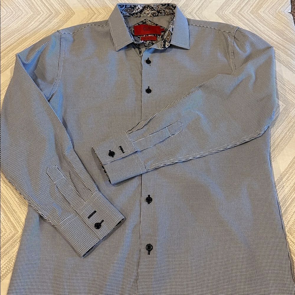 Elie Balleh Boys Black and White Checkered Slim Fit Button Down Shirt Size 16